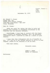 ["Howard J. Crager wrote to Representative James R. Jones expressing interest in statements made by the President and his economic advisors regarding inflation and government spending. Jones responded by providing information from the President's Council of Economic Advisors. Crager requested further corroboration regarding statements made by the President's economic advisors, and Jones promised to look into it."]