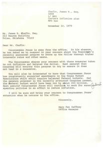 ["The document is a letter from James H. Chafin to Congressman James R. Jones expressing concerns about the President's plan to address inflation by raising interest rates and other methods. Chafin outlines the short and long-term effects of the plan, expressing skepticism about its effectiveness and suggesting that the government should focus on balancing the federal budget to reduce inflation. Chafin also criticizes the decision to borrow foreign money and sell US gold abroad. He concludes by suggesting that the only way to understand the government's fiscal policies is to take a course in economics from a socialist perspective."]