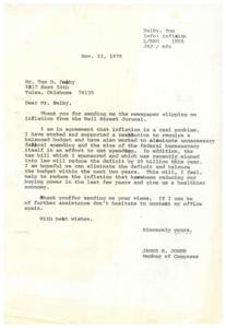 ["The document from James R. Jones addresses inflation as a real problem and discusses efforts to reduce federal spending and balance the budget in order to combat inflation. Jones also mentions a tax bill he sponsored that will reduce the deficit. The document acknowledges the impact of inflation on buying power and expresses hope for a healthier economy in the future. Additionally, a list of causes of inflation is provided, including government spending, bureaucratic regulations, taxing savings, critical shortages, foreign aid, and foreign wars. The document emphasizes the importance of addressing these causes to combat inflation effectively."]