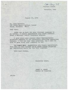 Correspondence Between Dr. Leon Horowitz and Congressman James R. Jones Regarding Health Care Legislation, 1974-08-12