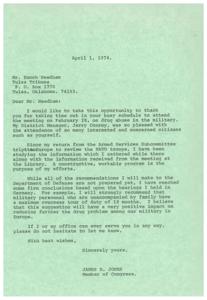 Congressman&#39;s Letter on Addressing Drug Abuse in the Military, 1974-04-01