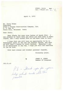 Correspondence Between Congressman James R. Jones and Jerry Evans, President of Evans &amp; Throop Construction Company, 1973-03-23