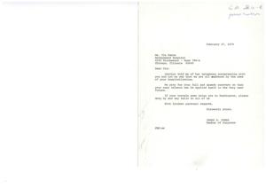 Letter of Well Wishes and Support from Congressman James R. Jones to Hospitalized Ms. Yla Eason, 1974-02-27