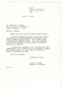Correspondence Between Shirley A. Elkins and Congressman James R. Jones Regarding Policy Issues, 1978-04-03
