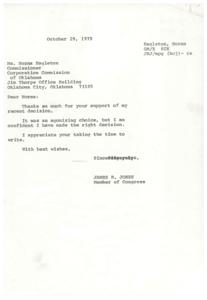 Correspondence Between Congressman James R. Jones and Commissioner Norma Eagleton Regarding Decision to Remain in the House, 1979-10-23