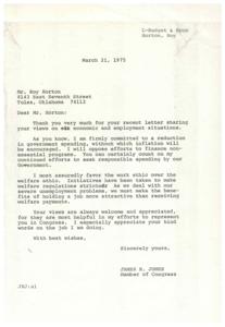 Correspondence between Congressman James R. Jones and Constituent Roy Horton on Government Spending and Welfare Reforms, 1975, 1975-03-17