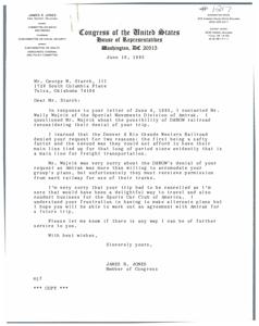 ["The letter is a response from Congressman James R. Jones to Mr. George W. Starch regarding the denial of a trip request by the Denver & Rio Grande Western Railroad. Jones contacted Amtrak on Starch's behalf, but they were unable to accommodate the trip due to the denial by D&RGW. Jones expresses sympathy for the cancellation of the trip and offers further assistance if needed."]