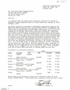 ["The letter is from George W. Starch, III to Mr. John Payne of AMTRAK, regarding the lease of a train for the Sports Car Club of America, Inc. The initial request was denied by Denver & Rio Grande Western Railroad, offering an alternative schedule which was not acceptable. Starch expresses frustration with the response and plans to modify the trip for 1987. He requests early approval and an estimate of costs for the revised trip."]