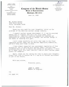 ["The document is a letter written by James R. Jones, a member of Congress representing the First District of Oklahoma, in response to a letter about the American nuclear energy industry. Jones expresses support for nuclear energy development as long as it can be done safely and without significantly raising power rates. He mentions the importance of reducing dependence on foreign sources of energy and the need for some government regulation in the nuclear power industry to ensure public safety. Jones also mentions that he will study bills related to nuclear power and visit Japan to look at their nuclear power plants as examples. He thanks the recipient for sharing their thoughts and offers further assistance in the future."]