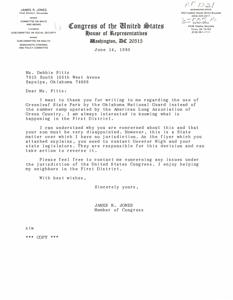 ["The letter from Congressman James R. Jones addresses a concern raised by Ms. Debbie Pitts regarding the use of Greenleaf State Park by the Oklahoma National Guard instead of the American Lung Association of Green Country's summer camp. Jones explains that this is a state matter and advises Pitts to contact Governor Nigh and state legislators for action. He expresses willingness to help with any issues under the jurisdiction of the United States Congress."]
