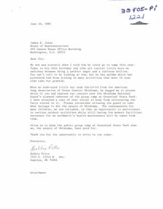 ["Debbie Pitts writes a letter to James R. Jones expressing concern over the Oklahoma National Guard's planned takeover of the group camp at Greenleaf State Park, which is important for asthmatic children. She asks for reconsideration to allow the public to keep the camp, which they have paid for. The American Lung Association of Green Country Oklahoma also urges parents to act quickly and contact legislators to prevent the takeover."]