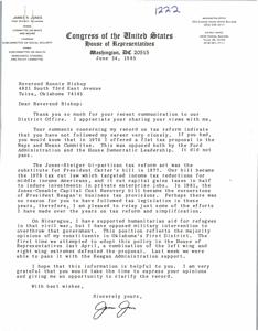 ["The document is a response from James R. Jones, a member of the House of Representatives from Oklahoma, to Reverend Ronnie Bishop regarding tax reform and his stance on Nicaragua. Jones explains his past efforts on tax reform and clarifies his position on Nicaragua, stating he supports humanitarian aid but opposes military intervention. He also thanks Bishop for sharing his views and providing clarification on his record."]