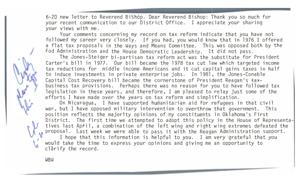 ["The document is a response from Congressman James R. Jones to Reverend Ronnie Bishop's letter regarding tax reform and Nicaragua. Jones explains his past efforts on tax reform, including the Jones"]