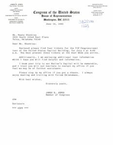 ["The document is a letter from James R. Jones, a member of Congress from Oklahoma, to Ms. Nancy Shockley, providing her with four tickets for a VIP Congressional tour of the United States Capitol Building. Jones also offers additional tour information and encourages Shockley to contact his office for further assistance. He invites her to stop by his office and expresses his hope that her trip to Washington, D.C. will be memorable."]
