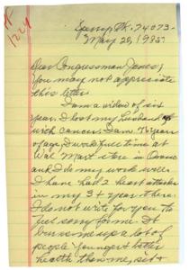 ["The letter is written by a widow who expresses frustration with people who rely on government support without working. She suggests creating job opportunities for them instead. She also criticizes young girls who have babies and stay on welfare. The writer asks for help from the Congressman to address these issues."]
