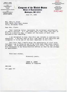 ["The document is a letter from Congressman James R. Jones to Mrs. Mary E. Clark, thanking her for her letter and expressing his satisfaction in being able to positively impact the lives of people like Eric. Jones encourages Eric to continue his education and offers to meet with him during one of his trips to Tulsa."]