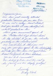["Mary Clark expresses her gratitude to Congressman Jones for his commencement speech at Nathan Hale High School, which inspired her son Eric to further his education in the vocational field. She also thanks him for sending certificates to the students and commends him for his efforts."]
