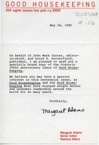 ["The document is a letter from Margaret Adams, Senior Editor at Good Housekeeping, informing the recipient that they are receiving a specially bound copy of the 100th anniversary issue of the magazine. Adams mentions the magazine's unique social and economic leadership over the years and expresses that the recipient may have a special interest in this centennial issue."]