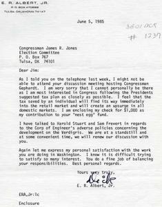 ["The letter is from E. R. Albert, Jr. to Congressman James R. Jones, expressing regret for not being able to attend a discussion meeting and making a contribution to a fund. Albert also discusses concerns about the Corp of Engineer's policies and praises Jones for his work in Washington."]