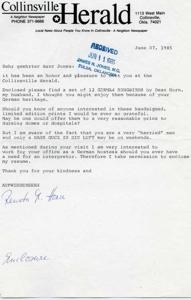 ["The document includes a letter from Renata Horn to Herr Jones offering German songbird prints and her services as a German hostess, along with her resume. It also includes testimonials from American Airlines and IBM about Renata's excellent work as a Project Librarian and her completion of various courses. An evaluation report from American Airlines rates Renata's performance as outstanding in various areas such as knowledge, quality of work, quantity of work, cooperation, dependability, appearance, expression, judgment, and initiative."]