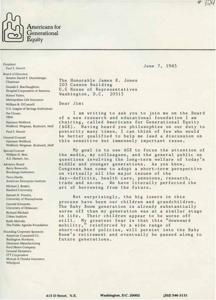 ["The document is a letter from Paul S. Hewitt inviting Senator James R. Jones to join the Board of Directors of Americans for Generational Equity (AGE), a research and educational foundation focused on long"]