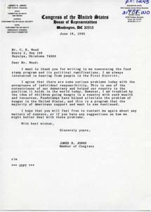 ["James R. Jones, a member of Congress from Oklahoma, responds to a letter regarding the food stamp program and the issue of individual responsibility. He acknowledges the importance of individual responsibility but expresses concern about children going hungry in a country with ample resources. Jones supports the food stamp program and encourages further communication on these issues."]