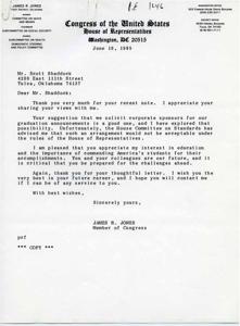 ["The document is a letter from James R. Jones, a member of Congress from Oklahoma, in response to a suggestion to solicit corporate sponsors for graduation announcements. Jones explains that such an arrangement is not allowed under House rules, but he appreciates the suggestion and the importance of education. He wishes the recipient the best in their future career and offers to be of service in the future."]