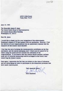 ["The author is thanking Representative James R. Jones for recognizing the achievements of Oklahoma's class of '85, but expresses concern about the unnecessary expense of delivering congratulatory certificates to graduates. The author suggests that corporate sponsorship could be arranged in the future to conserve taxpayer money. The author appreciates the support for education and democratic participation."]
