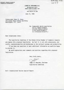 ["A letter from James R. Newcomb, Chairman of the Legislative Committee of the Broken Arrow Chamber of Commerce, to Congressman James R. Jones, urging him to oppose the proposed Comparable Worth Legislation. The letter argues that the legislation is unnecessary, costly, counterproductive, and burdensome to the national economy and productivity. The committee offers to provide additional information and requests the Congressman's comments and position on the legislation."]