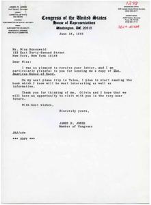 ["Congressman James R. Jones received a letter from Nina Rosenwald along with a copy of The American House of Saud. He thanked her for the book and expressed his excitement to read it on his next trip to Tulsa. He also mentioned that he and Olivia hope to visit her soon."]