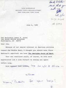 ["The sender, Sandy Welder, is writing to the Honorable James R. Jones to recommend a new book by Steve Emerson about American policies towards the Middle East. She expresses interest in discussing the book with him and looks forward to seeing him again soon."]