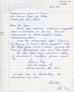 ["The document is a letter to Congressman James R. Jones requesting information on the new Federal Child Support Wage Withholding Law. The writer, Patricia Fry, expresses frustration with trying to collect child support and excitement that the Federal government has taken action. She asks for any available literature or copies of the amendment to be sent to her address in Broken Arrow, Oregon. She also mentions seeing Congressman Jones at Roosts Day."]
