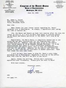 ["The document is a letter from Congressman James R. Jones to James L. Varner regarding Dr. Sears' upcoming trip to Washington. Jones offers to provide passes to the House and Senate galleries and suggests the Sears' go on a public tour of the White House since the Congressional tour is fully booked. Jones also mentions he will drop Dr. Sears a note welcoming him to Washington and hopes to be able to say hello when they stop by his office. Jones expresses appreciation for Varner's friendship and asks to give his best to Neva."]