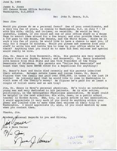 ["The letter is a personal request from Jon Jim & \"Tanner Neva Varner to James R. Jones asking for a favor for their friend, John D. Sears, who is visiting Washington, D.C. They request a VIP pass to the House, Senate, and White House, as well as an escort and meeting with Jones. They provide background information on Sears and his family, and mention that he is Neva's personal physician. They ask Jones to make Sears and his family feel welcome during their trip."]