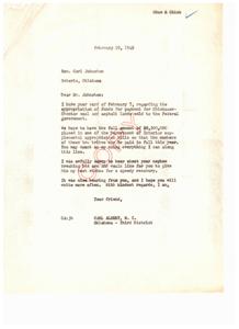 Funding for Chickasaw-Choctaw Lands: A Letter from Carl Johnston, 1949-02-10