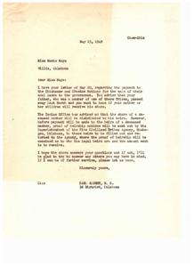Inquiry Regarding Payment for Deceased Tribal Member, 1949-05-23