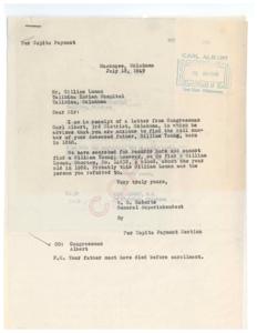 Correspondence Between Congressman Carl Albert and Gilliam Loman Regarding Ancestral Roll Number Inquiry, 1949-07-11