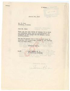 Correspondence on the Restoration of Funds for the Eufaula Indian Boarding School, 1949, 1949-01-11