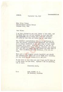 Correspondence between Carl Albert and Wilma Victor Regarding Her New Position at Intermountain Indian School, 1949-08-31