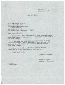 Correspondence between a constituent and Congressman James R. Jones regarding changes to the supervision of the Veterinary Services branch of the Animal and Plan Health Inspection Service Department of the United States Department of Agriculture, 1973-03-07