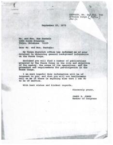 Letter from Congressman James R. Jones to constituents regarding the Peace Corps, 1973-09-25