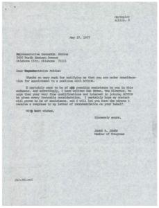 Correspondence between Representative Hannah D. Atkins and Congressman James R. Jones, in addition to a letter from Congressman Jones to Mr. Sam Brown, regarding Representative Atkins&#39; application for an appointment to a position at ACTION, 1977-05-06