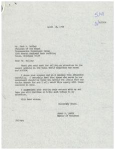 Correspondence between Mr. Jack W. Kelley and Congressman James R. Jones regarding statements made by the director of ACTION; includes forwarded Tulsa World article from Mr. Kelley, 1978-03-30