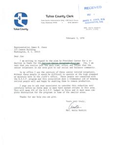 Letter from the Tulsa County Clerk to Congressman James R. Jones regarding a proposed budget cut for the Retired Senior Volunteer Program, 1978-02-03
