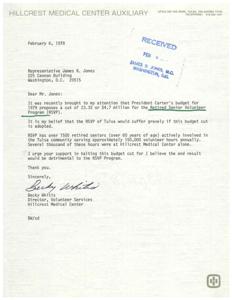 Letter from the Director of Volunteer Services as Hillcrest Medical Center to Congressman James R. Jones regarding a proposed budget cut for the Retired Senior Volunteer Program, 1978-02-06