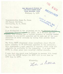 Letter from a constituent to Congressman James R. Jones regarding a proposed budget cut for the Retired Senior Volunteer Program, 1978-02-06