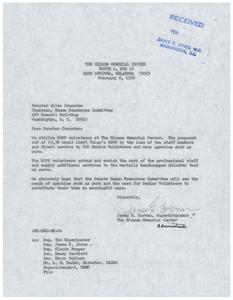 Letter from the Superintendent of The Hissom Memorial Center to Congressman James R. Jones regarding a proposed budget cut for the Retired Senior Volunteer Program, 1978-02-06
