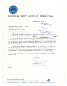 Letter from the Executive Director of the Community Service Council of Greater Tulsa to Congressman James R. Jones regarding a proposed budget cut for the Retired Senior Volunteer Program, 1978-02-06