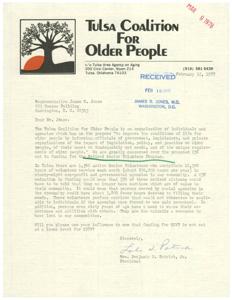 Letter from the President of the Tulsa Coalition for Older People to Congressman James R. Jones regarding a proposed budget cut for the Retired Senior Volunteer Program, 1978-02-12