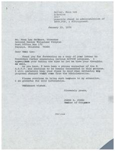 Correspondence between the Director of RSVP Sapulpa and Congressman James R. Jones concerning leadership of RSVP by ACTION, 1979-01-04